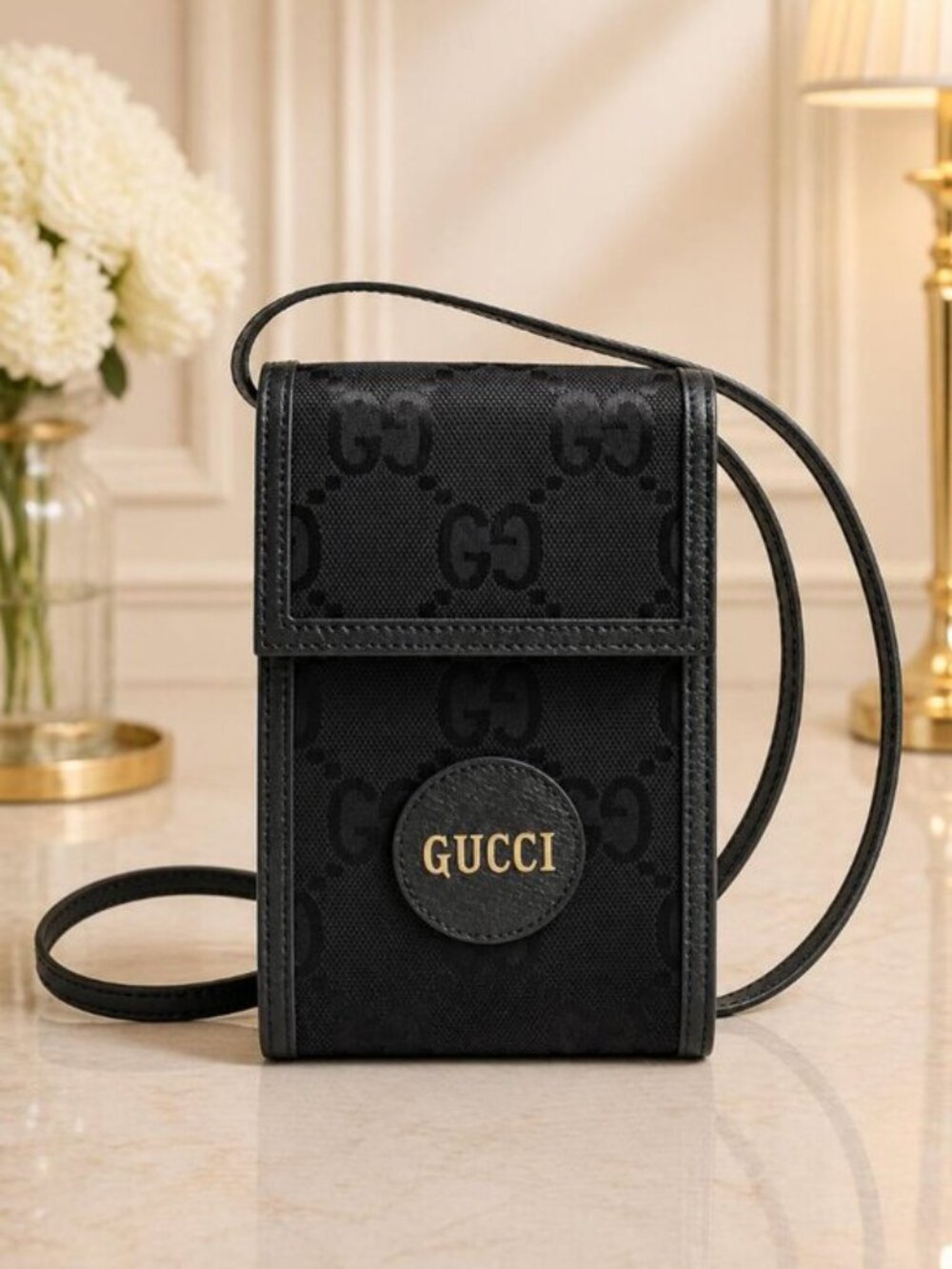 Authentic Gucci GG Supreme Mini Crossbody Bag Black Canvas Leather Luxury Small